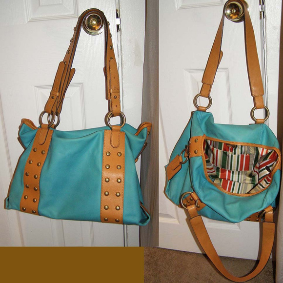 NEW Hype large Leather Shoulder Tote bag Studded Turquoise - Picture 7 of 8